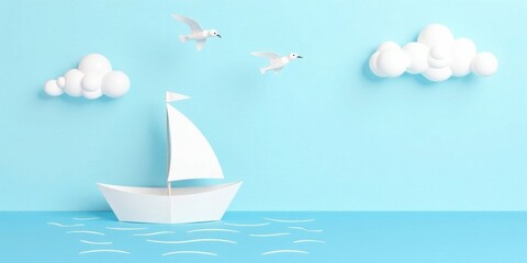 Serene Seascape Paper Boat Sailing on a Calm Ocean Under Fluffy Clouds and Gentle Seabirds