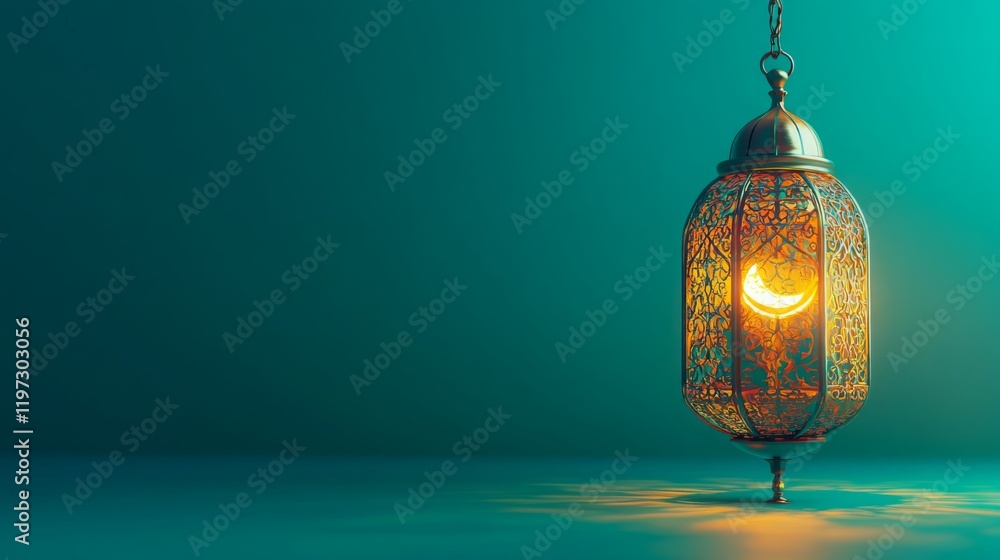 Poster a beautifully crafted lantern emits a warm glow against a teal background, creating a serene and inv