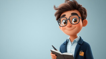 Smiling cartoon boy in glasses holding notebook and pen.