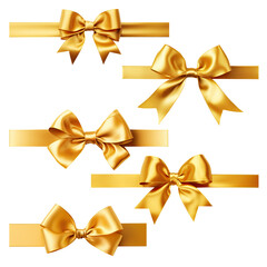 Set of Gold bow and ribbon shiny satin for invitation, greeting card, gift