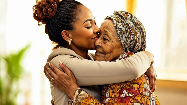 Young Black woman hugs elderly warmly Emotional embrace shown brightly lit room Family reunion fills joy Generational bond strengthens affectionate hug Cherished moments captured daylight Warmth and