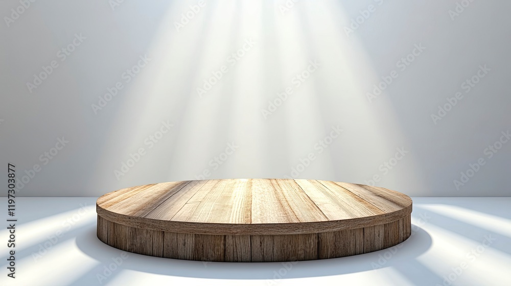 Poster 3d rendering of a wooden podium on a white background with a soft shadow and light for displaying a 