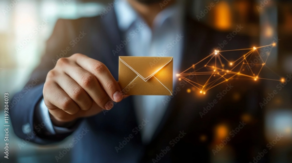 Aufkleber a business professional holds a golden envelope, with digital connections emerging, symbolizing comm
