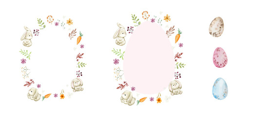 Set of Happy Easter watercolor cards with cute Easter rabbits, egg, spring flowers in pastel colors
