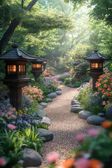 Obraz premium Jardin japonais paisible au printemps, fleurs vibrantes, lanternes en pierre, chemin sinueux