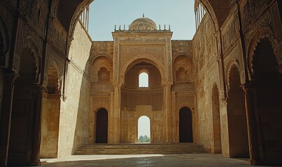Obraz premium Ancient mosque interior with arches, dome, ornate walls, courtyard view, historical architecture study
