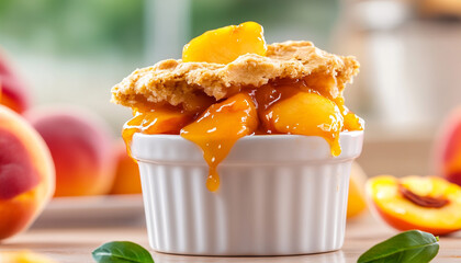 Delicious peach cobbler in a white dish, topped with juicy peaches and crust.