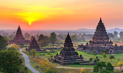 Ancient temples at sunrise in Indonesia, ideal for travel and history projects