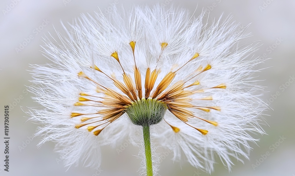 Poster back view of dandelion seedhead with some seeds dispersed against a blurred background