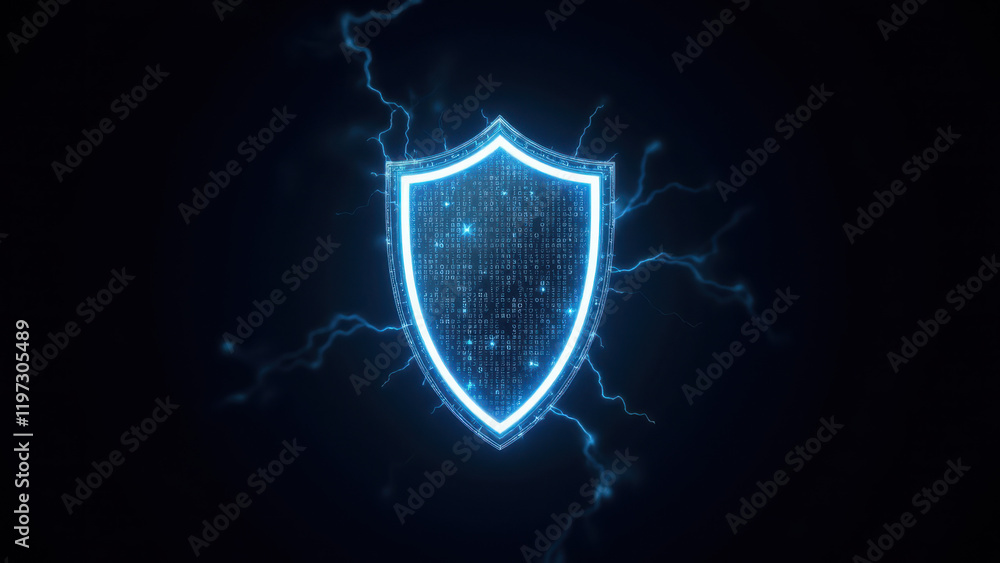 Poster cybersecurity shield with digital lightning striking around it.