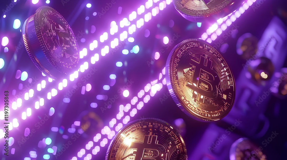 Poster 3d rendering of golden coins on them floating in space against a purple background