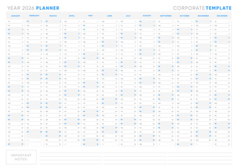 2026 Yearly Corporate Planner, Minimal Horizontal Calendar Template with Notes Section, Editable and Printable for Business and Office Use
