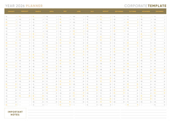 2026 Yearly Planner Template, Elegant Horizontal Design with Notes Section, Corporate and Office Organizer, Printable and Editable Vector