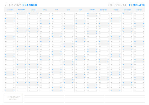 2026 Yearly Corporate Planner, Minimal Horizontal Calendar Template with Notes Section, Editable and Printable for Business and Office Use

