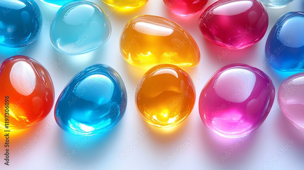 Poster A close-up of vibrant multicolor cells in a grid format on a white background, the colors are vibrant and vivid. The cell shapes appear like round or oval-like circles with some parts shaped as curved