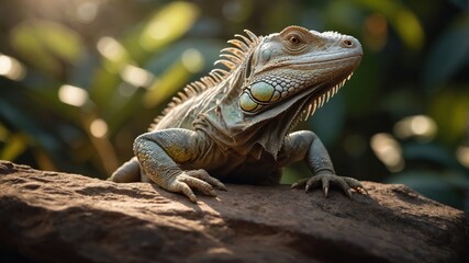 Fototapeta premium A close-up of a lizard perched on a rock, surrounded by lush greenery.