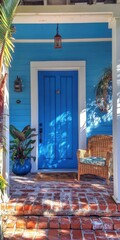 Fototapeta premium Charming Beach Bungalow Featuring a Vibrant Blue Front Door with Brick Porch and Cozy Egg Chair