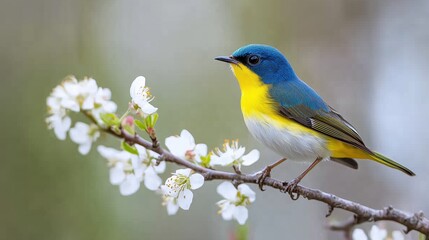 Fototapeta premium Colorful songbird perched on a blooming cherry blossom branch during spring season in a natural setting