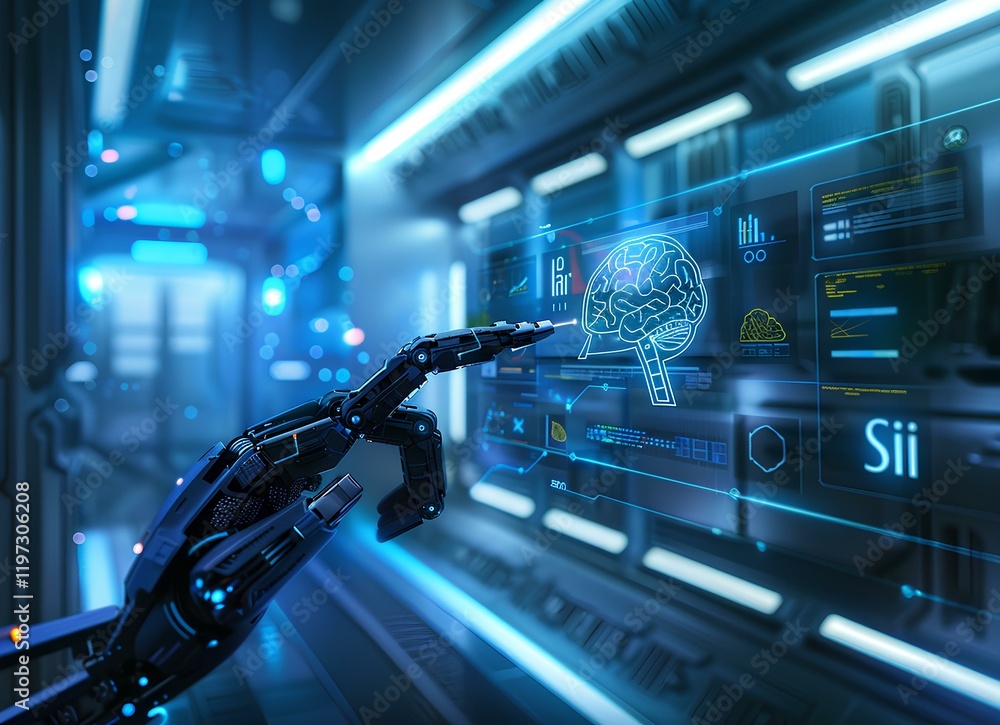 Poster a digital art representation of an ai interface with icons representing various data types, such as 