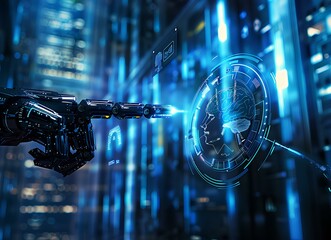 A digital art representation of an AI interface with icons representing various data types, such as graphs and brain images, set against the backdrop of blue hues symbolizing technology