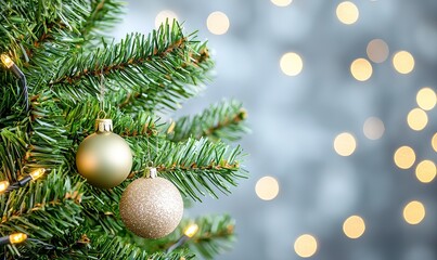 Obraz premium Christmas tree branch with gold ornaments and bokeh lights, festive background, holiday card