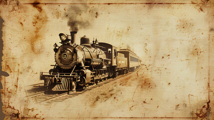 Vintage train background with sepia tones and faded edges for stationery design, featuring a vintage steam locomotive suitable as a blank page for a junk journal element or collage card template.