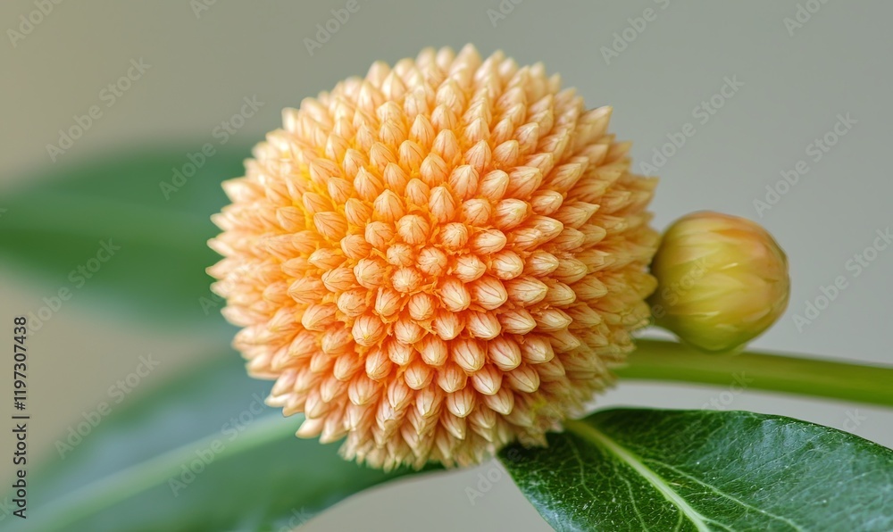Poster close-up of a spiky orange flower bud on a stem with green leaves against a blurred background