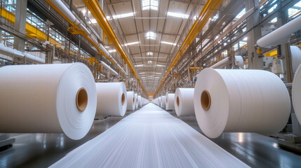 Paper rolls processing in modern paper mill factory