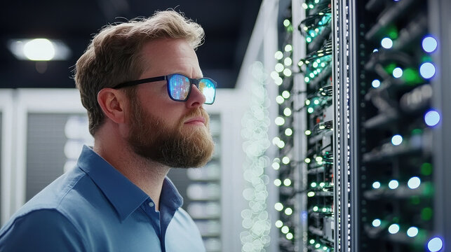 man in server room examines network equipment closely