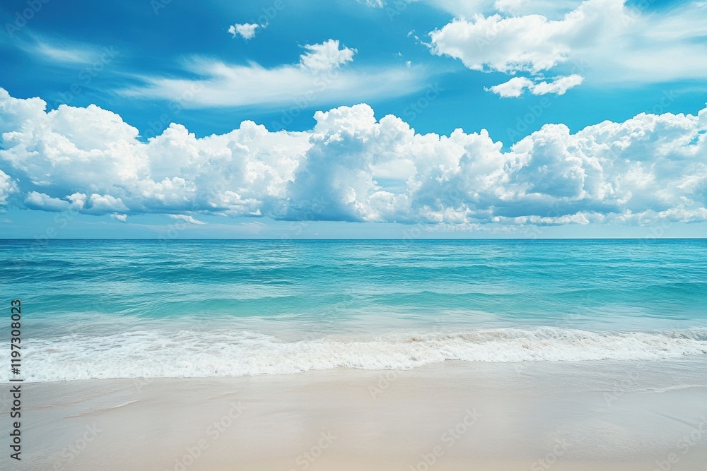 Leinwandbilder tranquil ocean view with waves gently lapping at a sandy beach under a blue sky with fluffy clouds. 