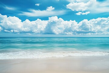 Obraz premium Tranquil ocean view with waves gently lapping at a sandy beach under a blue sky with fluffy clouds. Generative AI