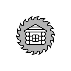 Log wooden house icon and logo and circular saw blade. Isolated vector illustration on white background.