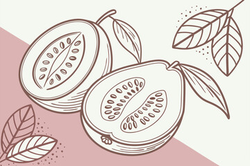 Guava fruit illustration, botanical art, pastel background, green and pink colors, minimalist design, vintage fruit label style, cut guava slices, tropical fruit, organic shape, vector graphic aesthet