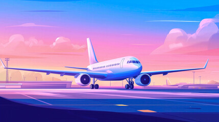 Obraz premium Passenger airplane taxiing on runway at sunset: modern aircraft preparing for takeoff