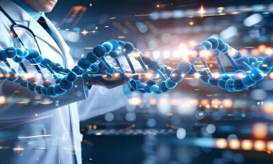 Medical doctor holding blue helix DNA structure on modern hologram virtual screen interface and diagnosing healthcare with digital network, science, medical technology and futuristic   concept