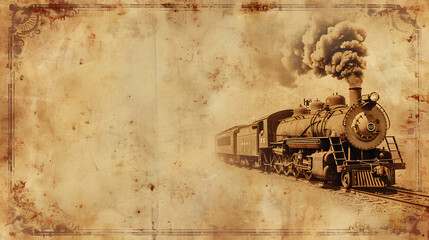 Vintage train background with sepia tones and faded edges for stationery design, featuring a vintage steam locomotive suitable as a blank page for a junk journal element or collage card template.