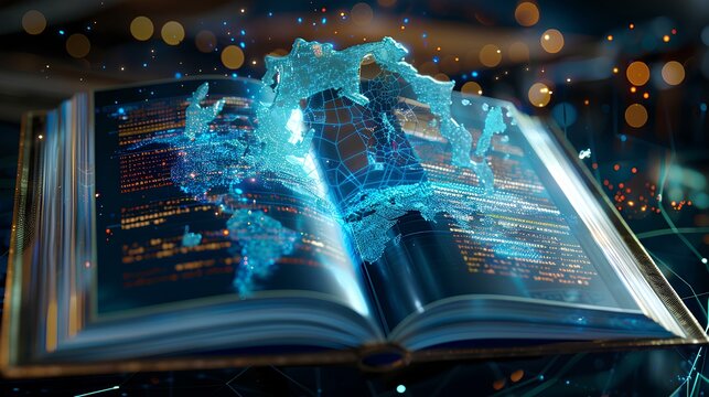 Open futuristic book, technology, information flow, data streaming, science fiction, metallic, sleek, modern, dynamic, advanced technology, high definition, neon colors, glassy, hologram