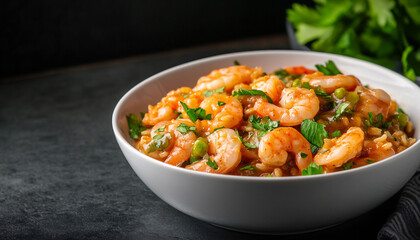 Fototapeta premium A delicious bowl of shrimp served with flavorful vegetables and herbs.
