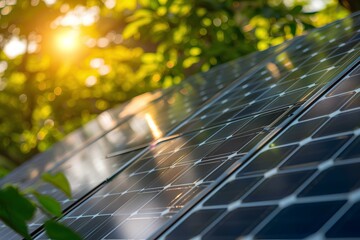 Photorealistic solar panels on the roof of a modern house, a green garden, sunset light with a bokeh effect, detailed and professionally photographed in the style  of various artists