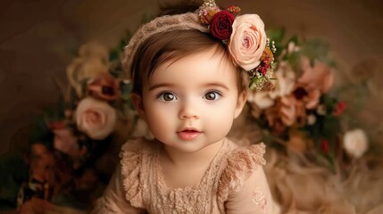 Fototapeta premium Adorable Baby Girl with a Colorful Flower in Her Hair Radiating Joy and Innocence in a Natural Setting Emphasizing Natural Beauty and Playfulness