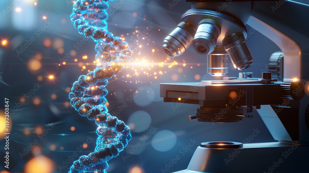 Poster research and developement concept background of scientist or reseacher using microscope in biotechno
