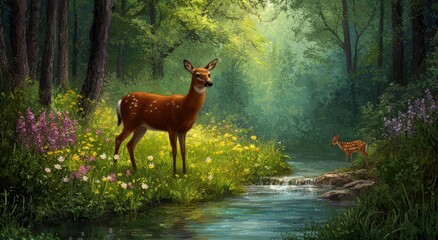 Serene Forest Scene with Deer and Stream Surrounded by Blossoms