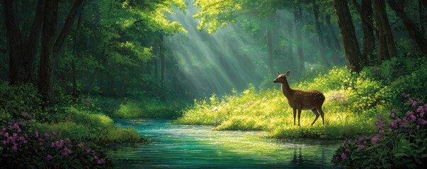 Serene Forest Scene with Gentle Deer by a Tranquil Stream