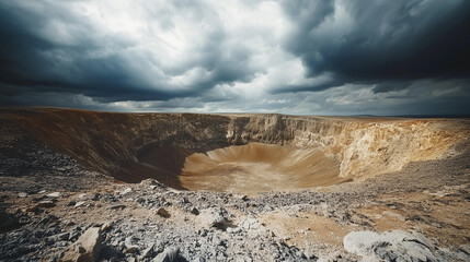 Massive meteor crater surrounded by cracked barren terrain under dramatic cloudy sky, showcasing the immense scale and raw power of natural geological formations.