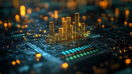 Abstract visualization of data analytics with glowing bars on a digital circuit board background
