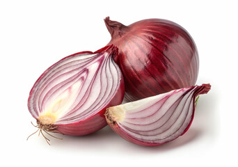 Two large red onions closeup and cut up, isolated on the transparent background. Irreplaceable vegetable for cooking salads and other different meals.
