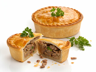 Homely delicious pie with meat. Beautiful pastry from beef decorated with greenery.