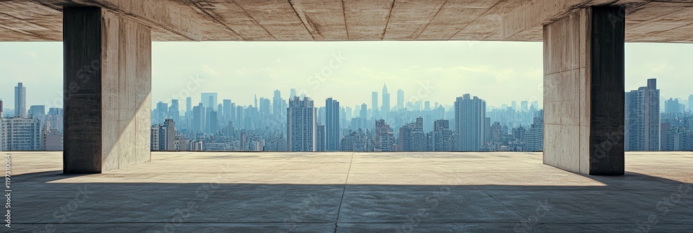 Poster Large, empty concrete structure with pillars provides a panoramic view of a modern cityscape with skyscrapers and buildings extending into the horizon under a bright daytime sky