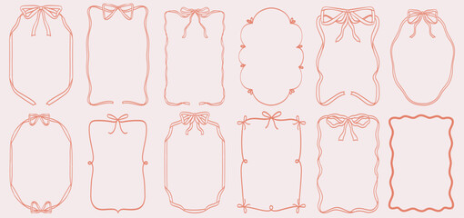 Bow frame drawing. Vintage hand drawn ribbon coquette border. Trendy vector doodles elegant ribbons and bows for wedding, birthday invitations party. Wavy, quirky retro decorative shape set.
