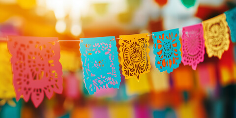 Papel picado hanging with copy space for Cinco de Mayo